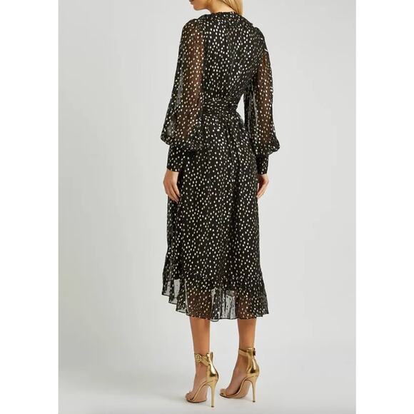 Zimmerman Black Silk Chiffon Gold Lurex Dot Ruffle Wrap Midi Dress Size 1 (US 6) - Picture 2 of 7